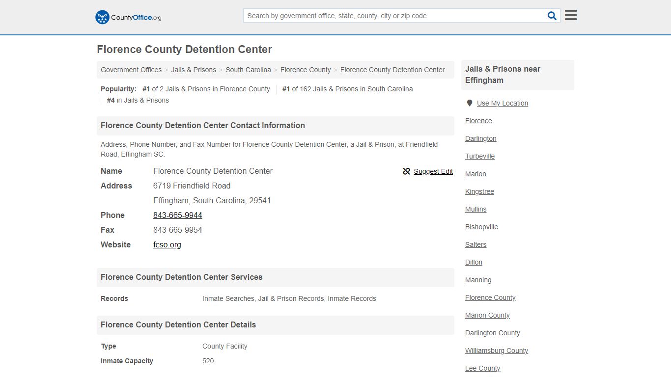 Florence County Detention Center - Effingham, SC ... - County Office